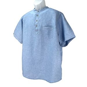 Caribbean | Linen Cotton Blend Popover Henley Shirt in Blue | Men’s‎ Size XL